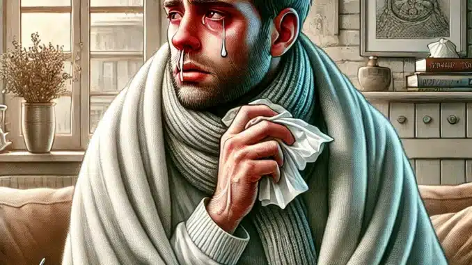 DALL·E 2025 03 04 08.21.29 A realistic and detailed illustration of a sick person with the flu. The person should appear fatigued with symptoms like fever runny nose coughing